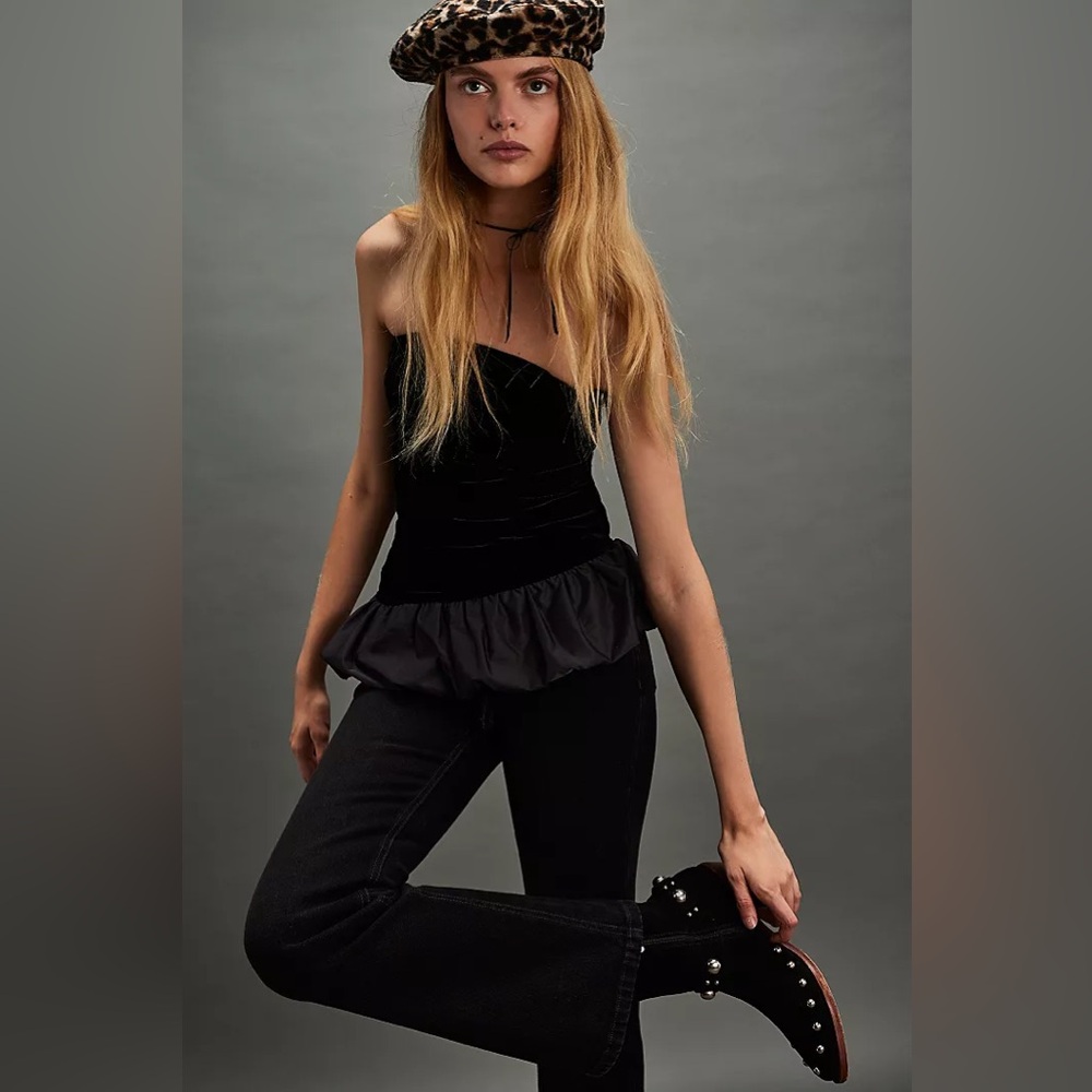 New Free People Black Velvet Strapless Prina Bubble Top Shirt Blouse sz XL